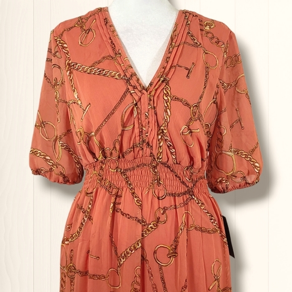 Enfocus Studio Orange V-Neck Short Sleeve Chain Print Maxi Dress Size 6 - Picture 2 of 9